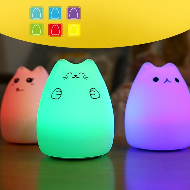 Lampe enfant chambre chevet ночник для детей милый кот меняющий цвет в воде игрушки