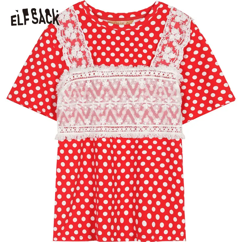 Женские топы с пришитыми кружевами ELF SACK красная женская футболка в горошек