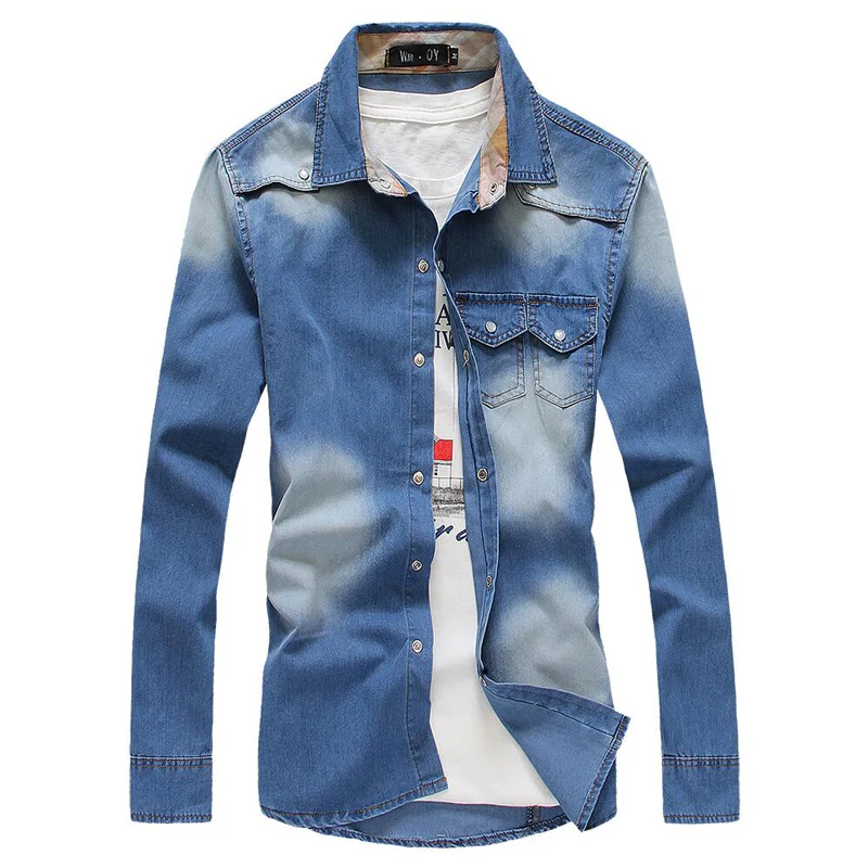 

Men's cowboy Shirts 2016 Fashion Stitching Denim Shirt Casual Long Sleeved Men Jeans Shirts Size S-2XL
