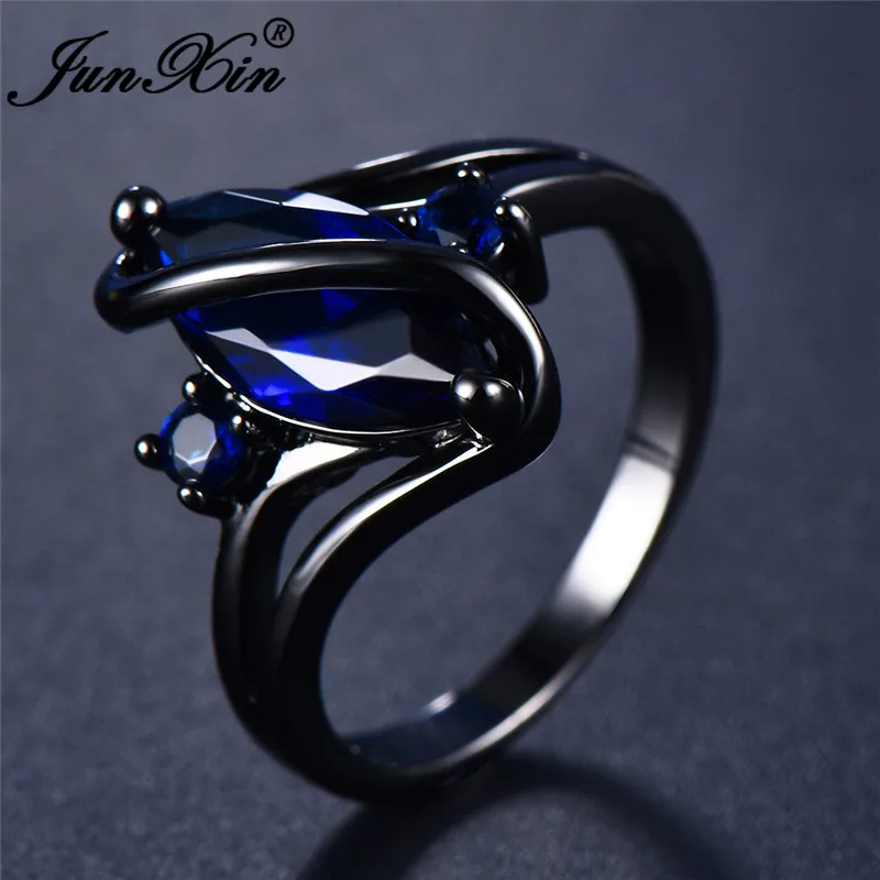 JUNXIN Vintage Blue Stone S Shaped Wedding For Women Men Black Gold Filled Big Marquise Zircon Engagement Ring Band Jewelry | Украшения и