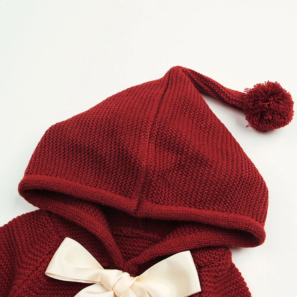 Winter Newborn Red jacket Infant Baby Boys Girls Bow Tassel Knitted Long Sleeve Hooded Tops Sweater Outfits Fringed hooded