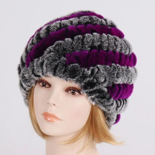GREY AND PURPLE Женские зимние натуральный настоящий мех кролика шапка женская мягкая шапка из меха кролика рекс теплые вязаные настоящие меховые шапочки - Цвет: GREY AND PURPLE