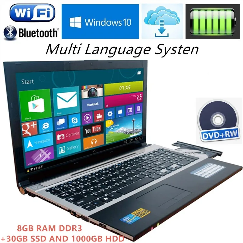 8 ГБ ОЗУ+ 30 Гб SSD и 1000 Гб HDD 15,6 дюймов 1920*1080P FHD Intel Core i7 ноутбук Windows 10 ноутбук с DVD-RW для офиса дома