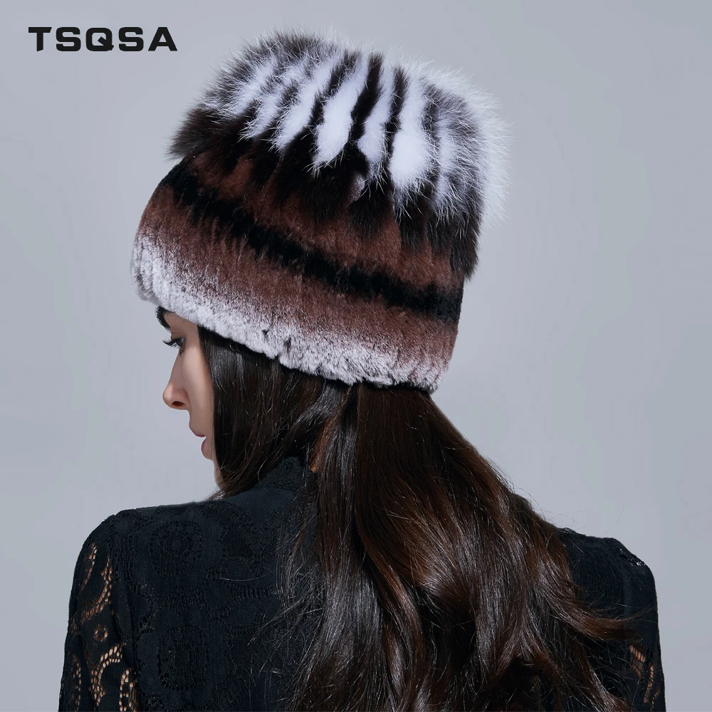 TSQSA Реальный Рекс Кролика Меха С Лисой Мех Трикотажные Шапки Женские Зимние