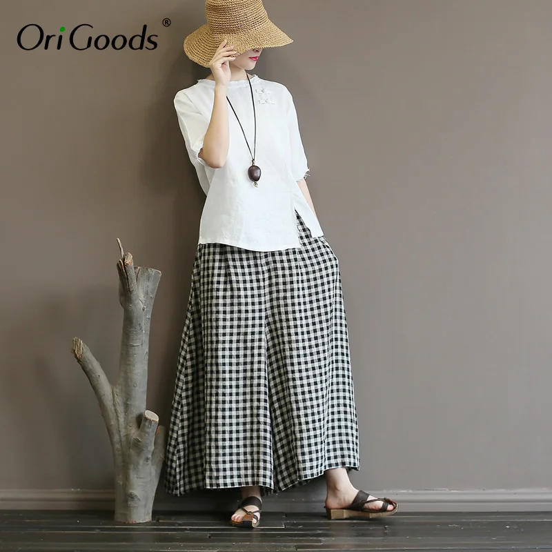 Оригинальные льняные клетчатые широкие брюки женские с эластичной талией