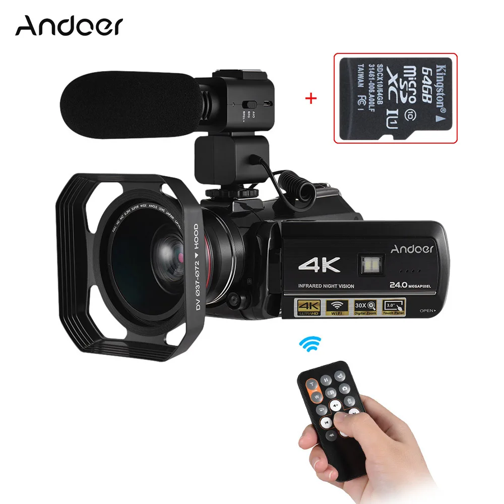 With 64G TF Card Andoer Профессиональная цифровая видеокамера 4K профессиональная видеокамера с Экстра 0.39X широкоугольный объектив+ бленда+ внешний микрофон - Цвет: With 64G TF Card