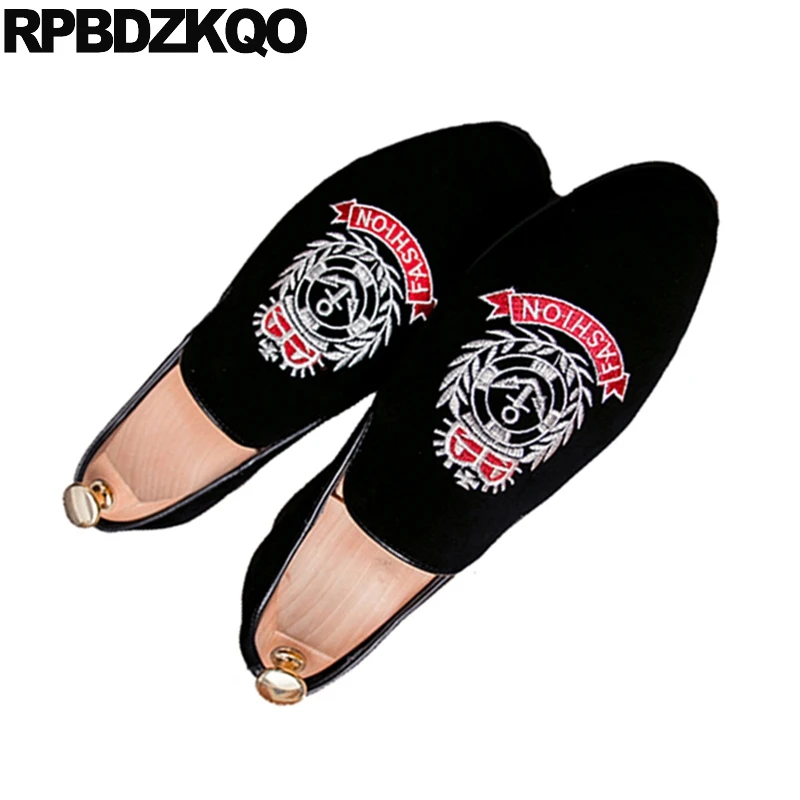 Embroidery Large Size Smoking Slippers Pointed Toe Loafers Runway Italian Mens Shoes Brands European Pointy Party Black Velvet | Обувь
