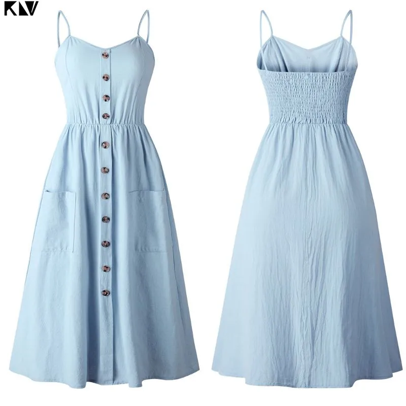 Женское платье на пуговицах KLV однотонное пляжное средней длины с карманами для