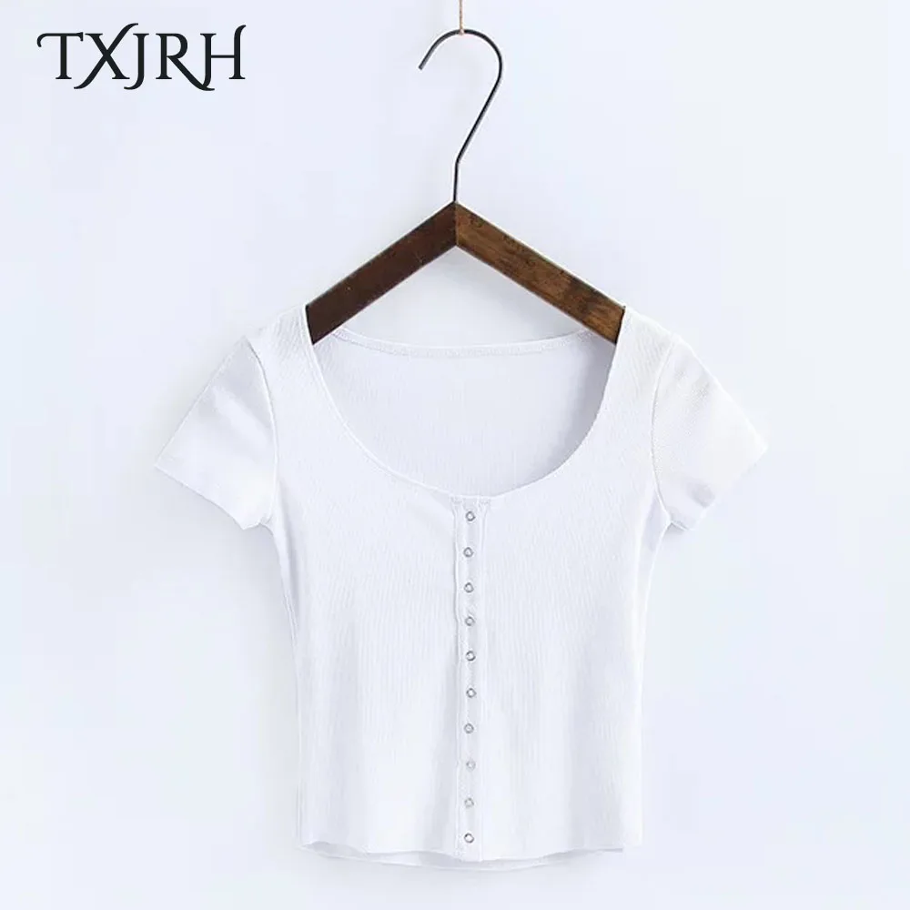 TXJRH модная однобортная футболка с круглым вырезом и коротким рукавом сексуальная