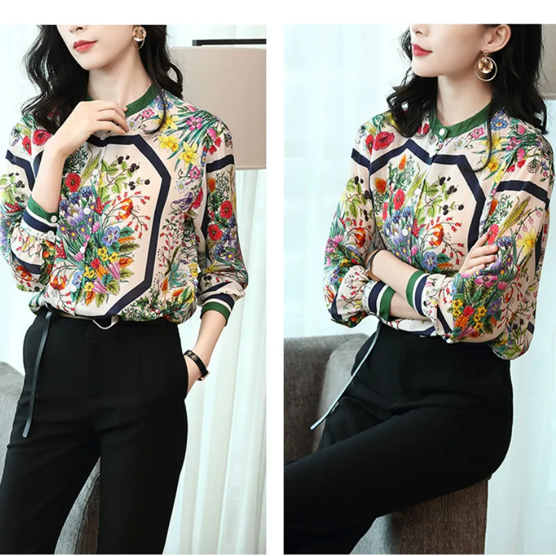 Женская блузка с цветочным принтом офисная длинным рукавом большие размеры S XXL
