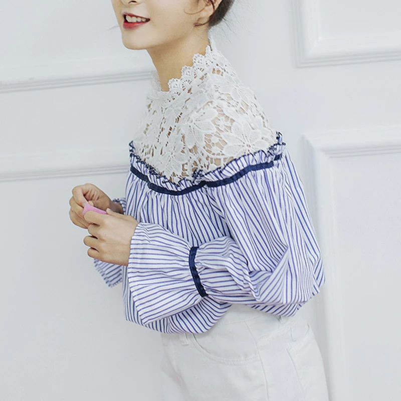 Весенние кружевные оборки с длинным рукавом синий белый полосатый хлопок