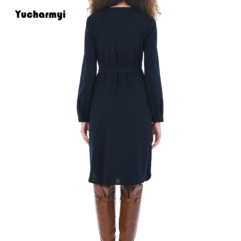 Женщин Zip платье завязывается поясом с длинным рукавом по колено повседневные