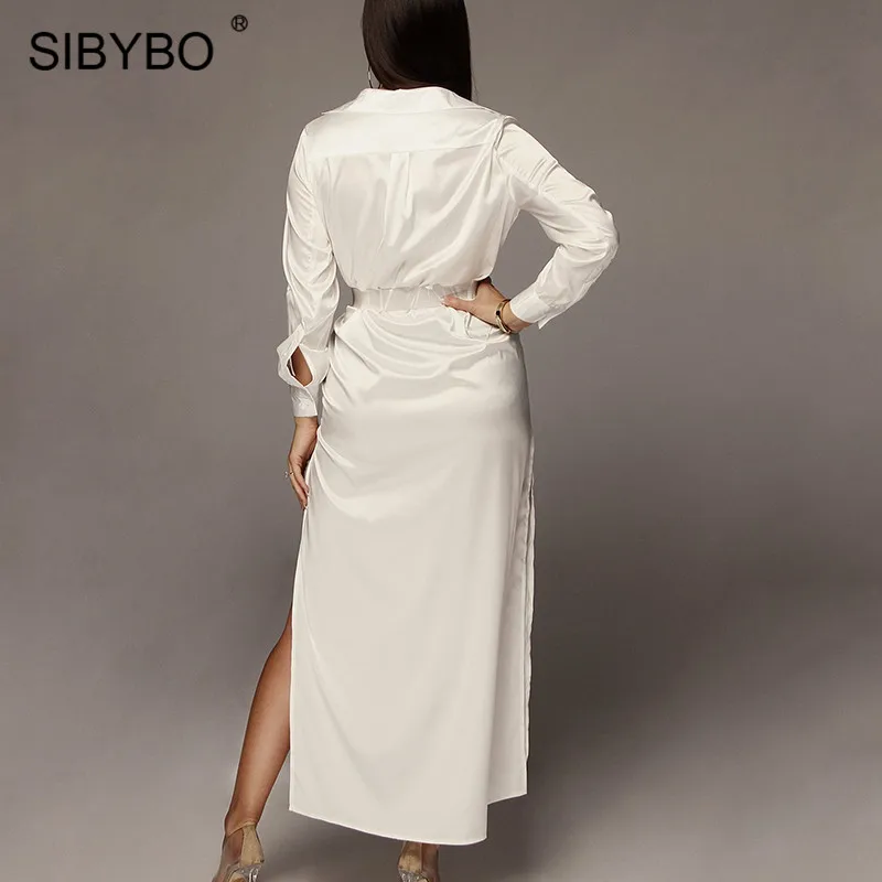 Sibybo сатиновое свободное сексуальное длинное платье с разрезом, женское летнее платье-рубашка с длинным рукавом и поясом, платье на пуговицах, пляжная одежда, макси Вечерние платья