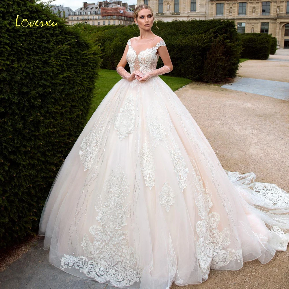 

Loverxu сексуальное кружевное бальное платье принцессы с иллюзией Свадебные платья 2021 Аппликация из бисера со шлейфом винтажные свадебные пла...