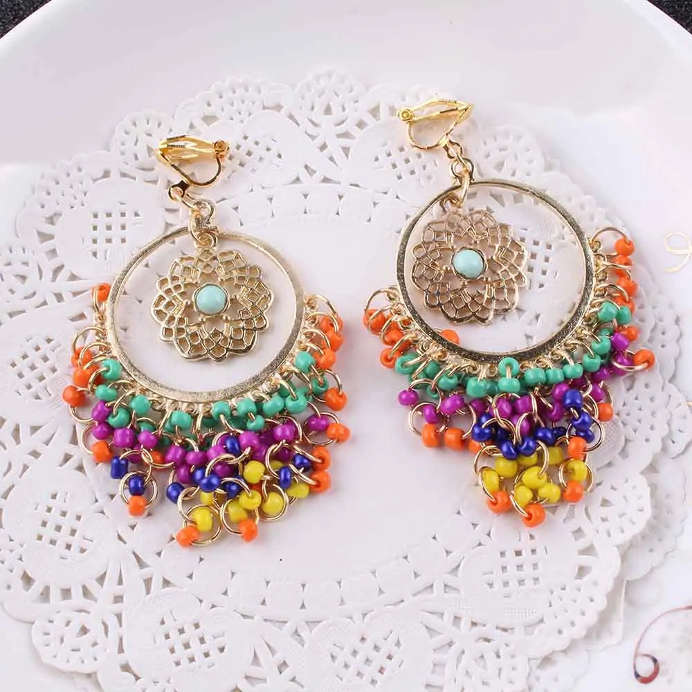 Женские винтажные серьги клипсы с разноцветными полимерными бусинами и