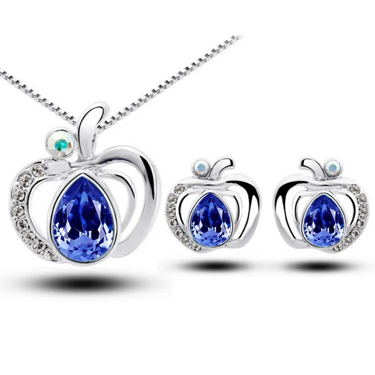 

New 2016 silver Plated Rhinestone Crystal Cute Lovely Apple Crystal Jewelry Sets Fashion Jewelry for women