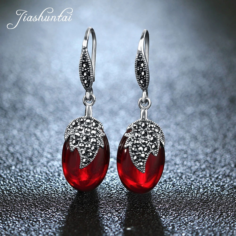 Винтажные серьги JIASHUNTAI с красным гранатом ретро из 100% стерлингового серебра 925