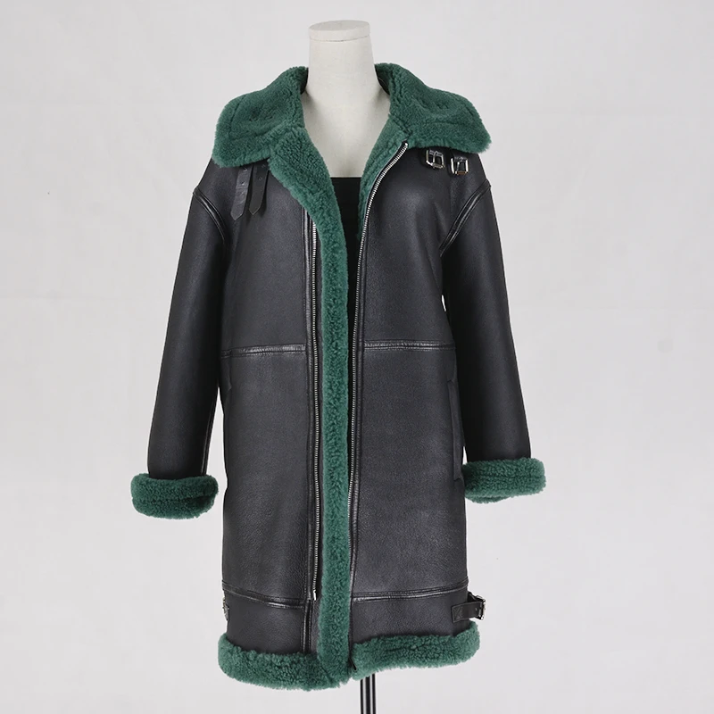 Длинное пальто из овечий шерсти Женское зимнее подлинное овчины женские тонкие