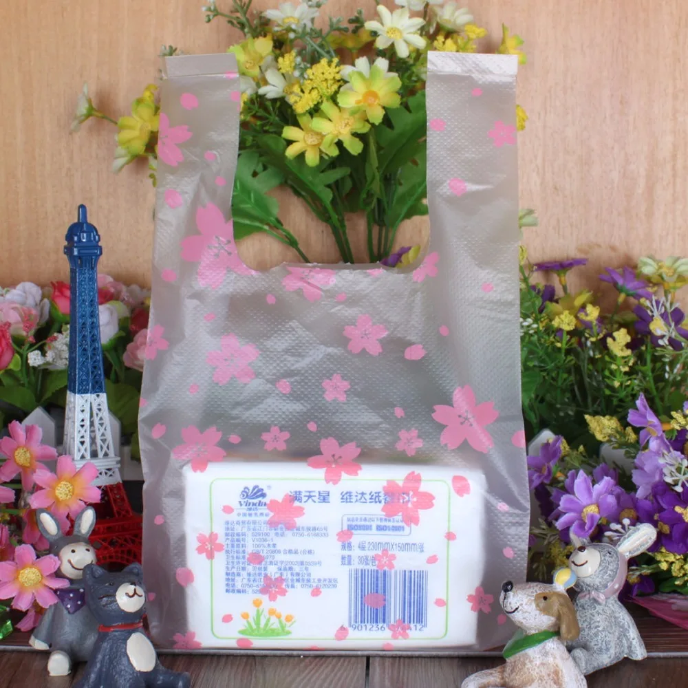Zilue 100pcs/lot 18x35cm/22x42cm 3 colors Supermarket Shopping plastic Bag with handle printing Cherry blossom bags | Дом и сад