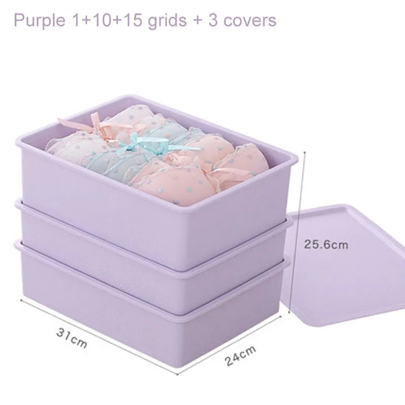 Purple 3pcs Коробка для хранения нижнего белья с крышкой 10/15 сетки для домашнего гардероба ящик шкафа Органайзер чехол для носков трусики бюстгалтеры - Цвет: Purple 3pcs