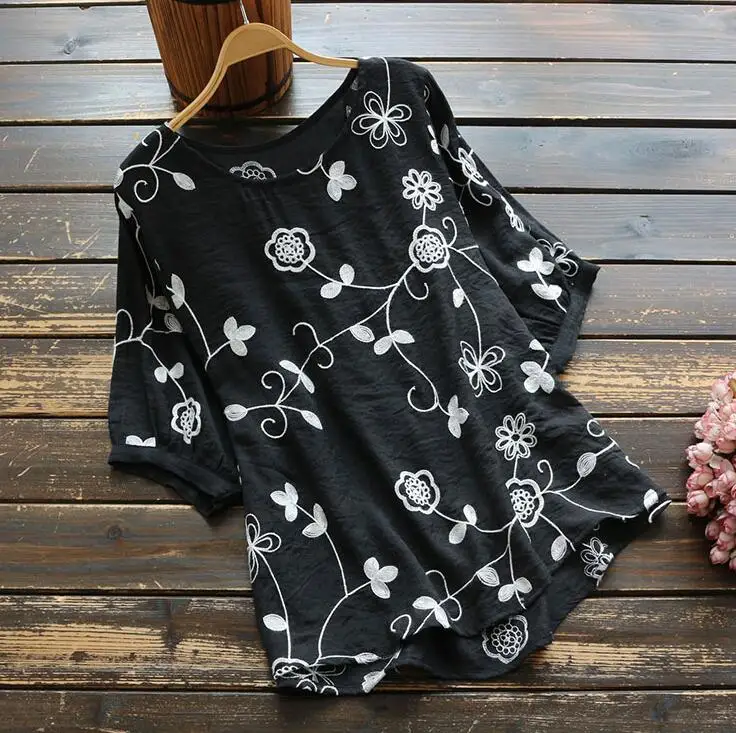 Женская рубашка с круглым вырезом и цветочной вышивкой пуловеры коротким