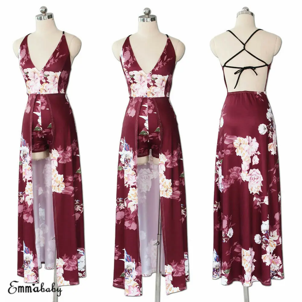 

Women Floral Printed Summer Dress High Split Beach Deep V Neck Maxi Long Dress