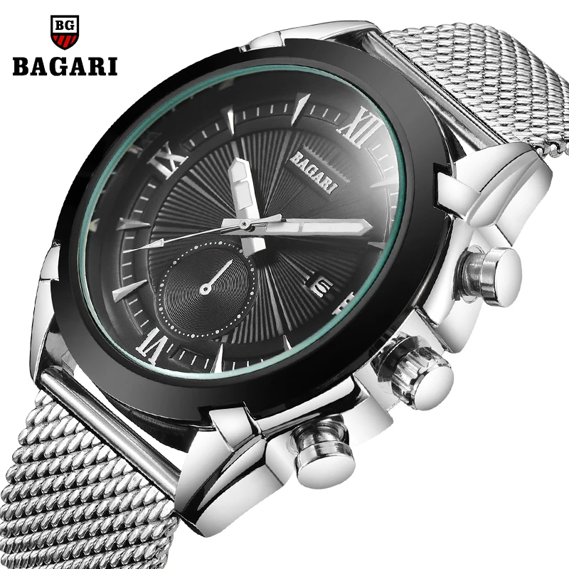 Спортивные мужские часы BAGARI брендовые Роскошные водонепроницаемые спортивные с