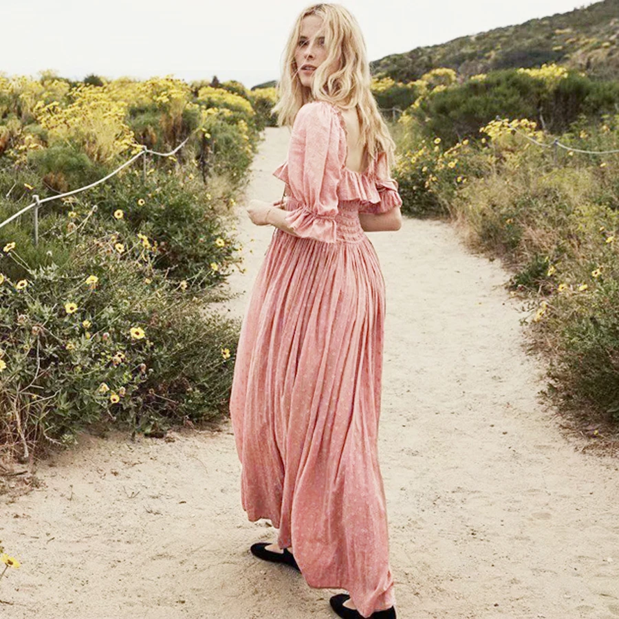 TEELYNN puff sleeve boho dresses 2019 vintage pink cotton long Dot jacquard fabric Hippie women chic Vestido | Женская одежда