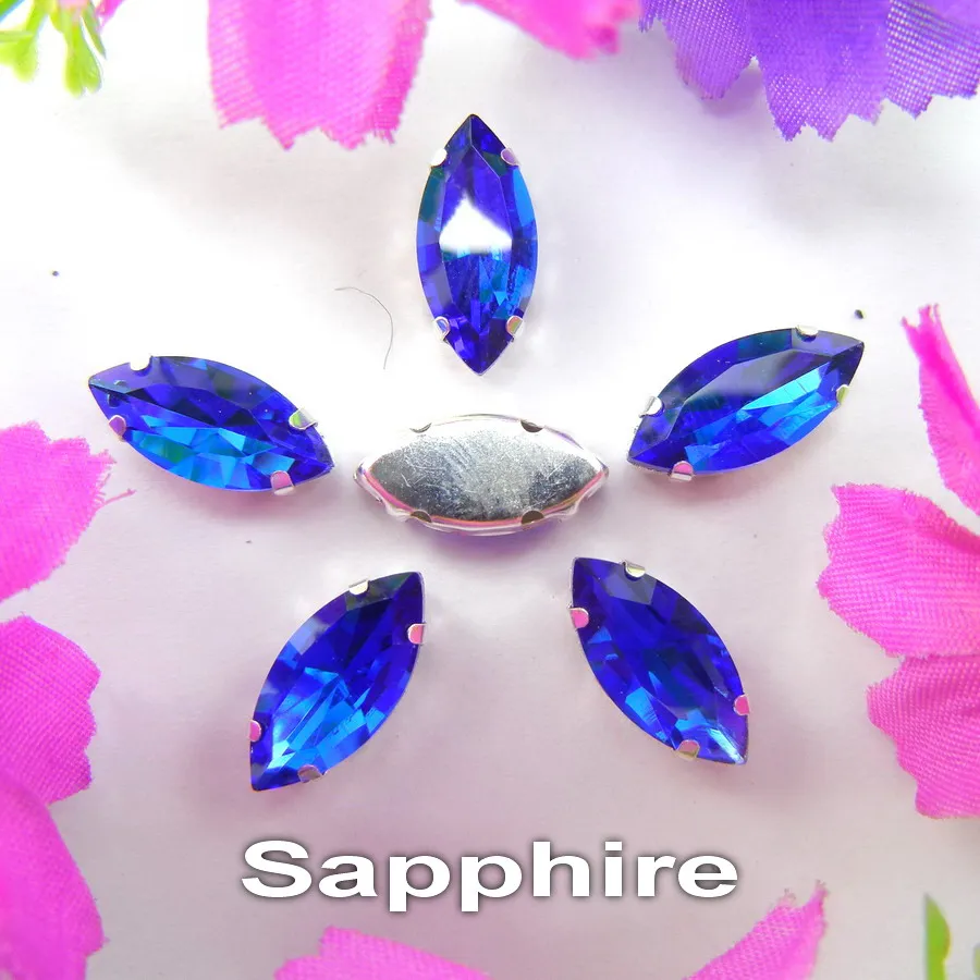 A12 Sapphire Стеклянные кристаллы, серебряные когти, 8 размеров, красивые цвета, конский глаз, Наветт, маркиза, форма, пришитые стразы, бусины, Аппликации, сделай сам - Цвет: A12 Sapphire