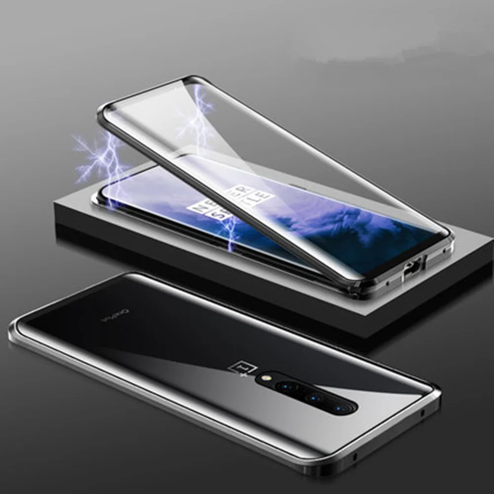black Магнитный адсорбционный металлический чехол для телефона Oneplus 7 Pro 1 Plus 6 One plus 6T 7 двухсторонний Магнитный чехол из закаленного стекла - Цвет: black