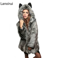 like wolf artificial fox fur coat cartoon ear hooded faux rabbit fur coats plush jacket faux fur hood animal hat women outwear