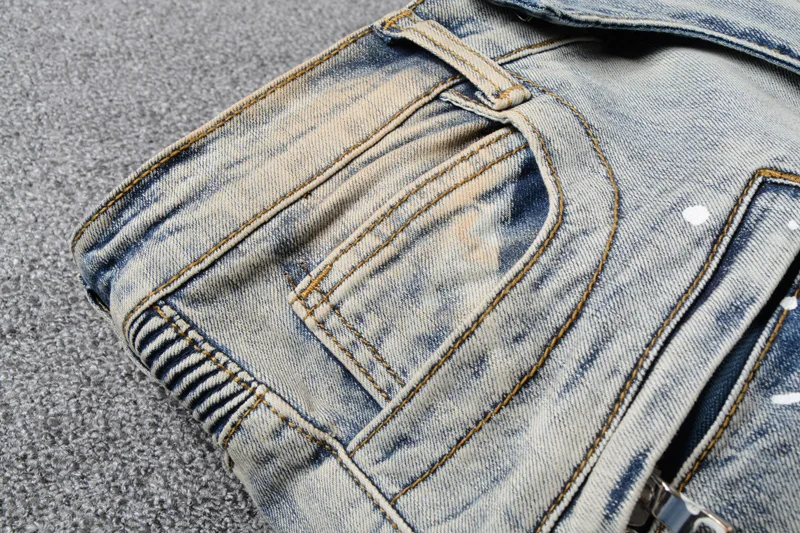 Высокая уличная мода мужские джинсы Ретро Промытые краски дизайнер Slim Fit соединенный внакрой деним брюки карго уличная моторный байкер джинсы Homme