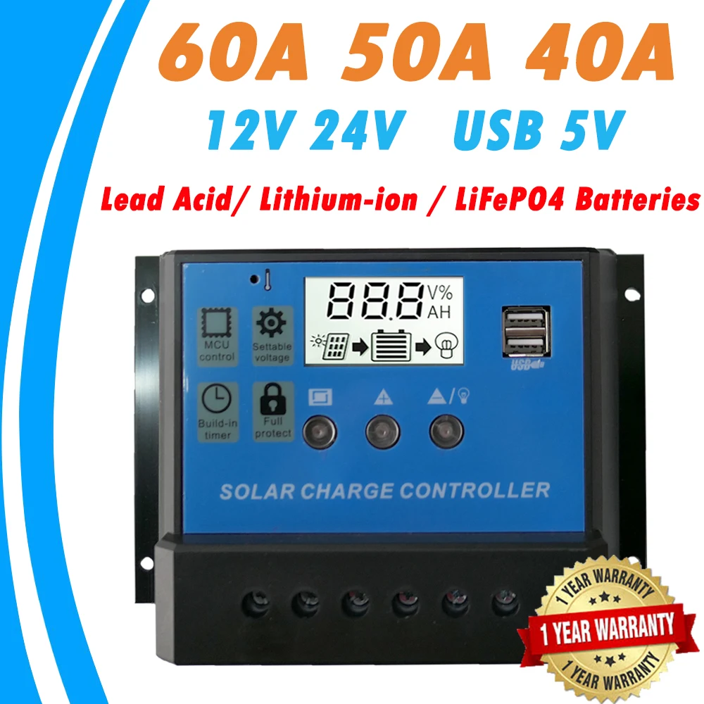 60A 50A 40A Солнечный Зарядное устройство контроллера 12V 24V ЖК-дисплей солнечный регулятор PWM для свинцово-кислотный литий-ионный LiFePO4 Батарея для солнечной Системы
