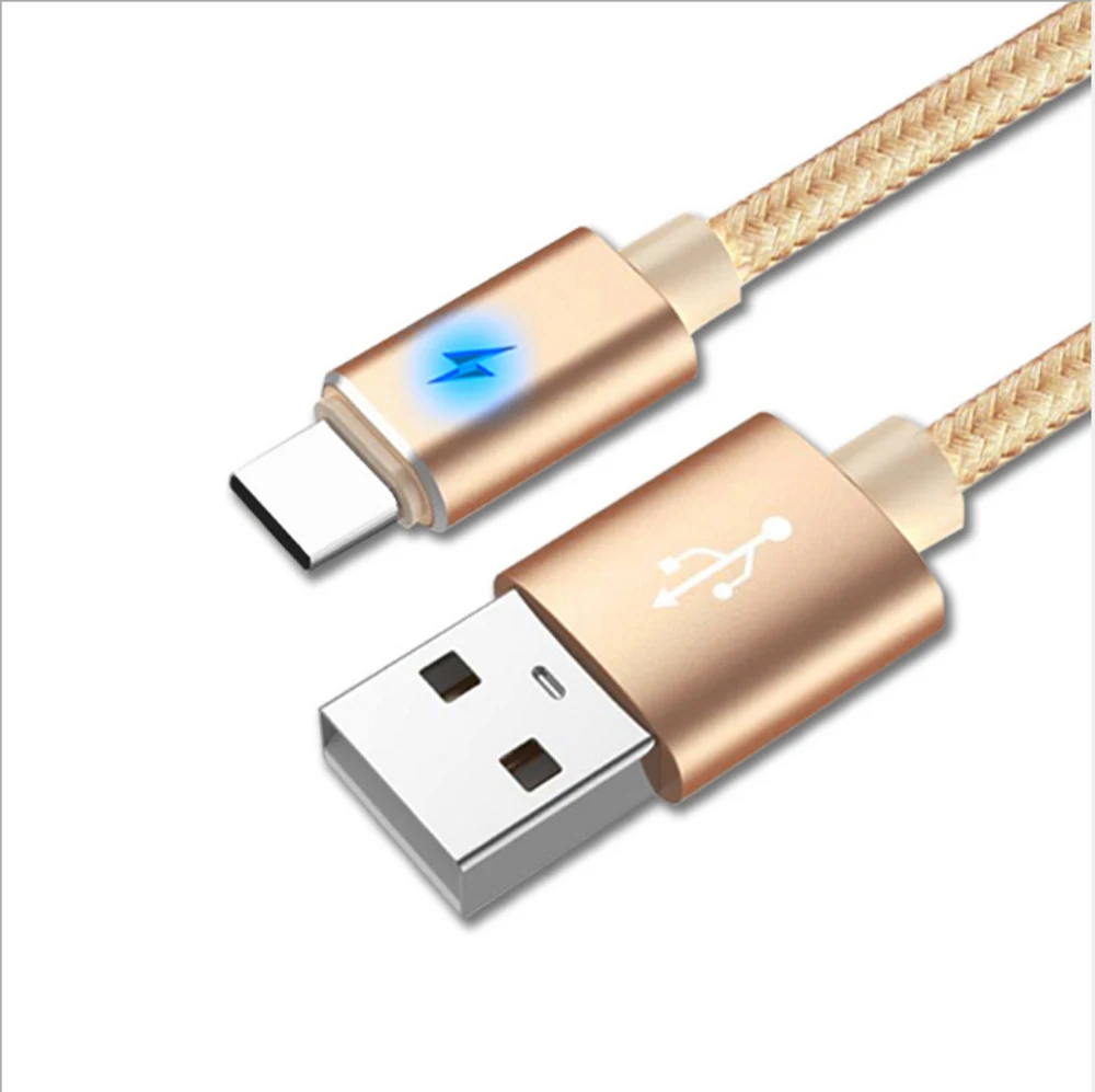 Металлический нейлоновый Плетеный светодиодный индикатор Type-C кабель для