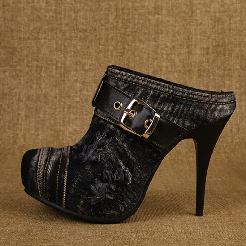 Туфли женские с острым носком джинсовые шлепанцы пряжкой и ремешком на тонком