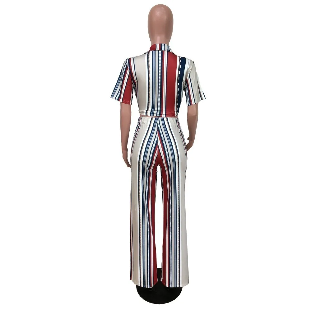 Boho полосатый Печатный комплект из двух частей для женщин с отложным воротником и коротким рукавом, укороченный топ с высокой талией, широкие брюки, повседневные Костюмы
