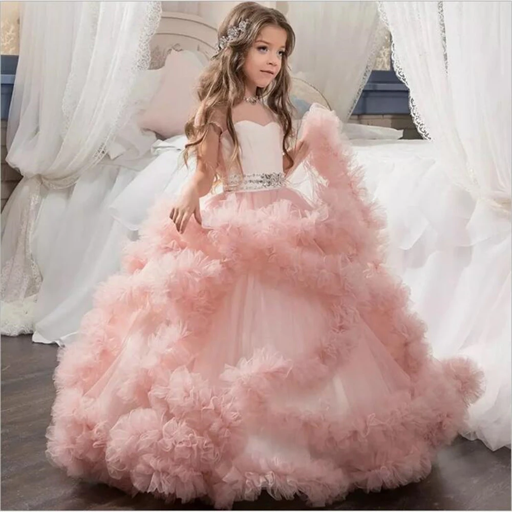 Princess Flower Lace Tutu Girl Dress Wedding Evening Mopping Long Fluffy Elegant Party Costume Kids 10 12 Years | Детская одежда и