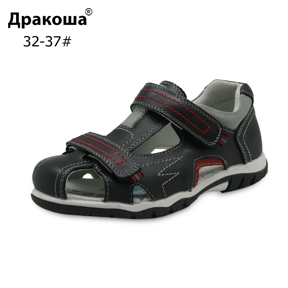 Apakowa/Летние кожаные спортивные сандалии с закрытым носком на плоской подошве; Ортопедическая детская обувь для мальчиков с супинатором для пляжной ходьбы и бега