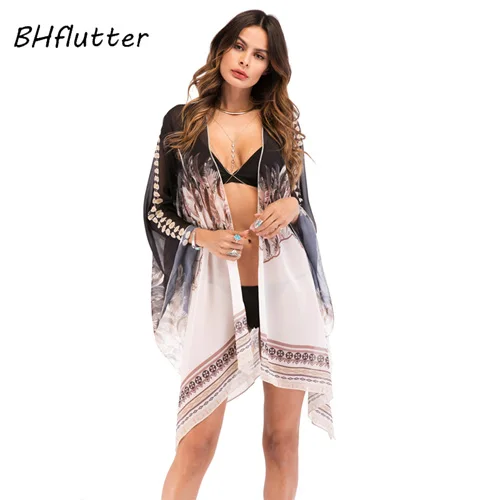 picture color BHflutter, Женские топы и блузки, кимоно, бохо стиль, рукав летучая мышь, шифоновая блузка, рубашка, повседневные свободные летние топы, накидка - Цвет: picture color