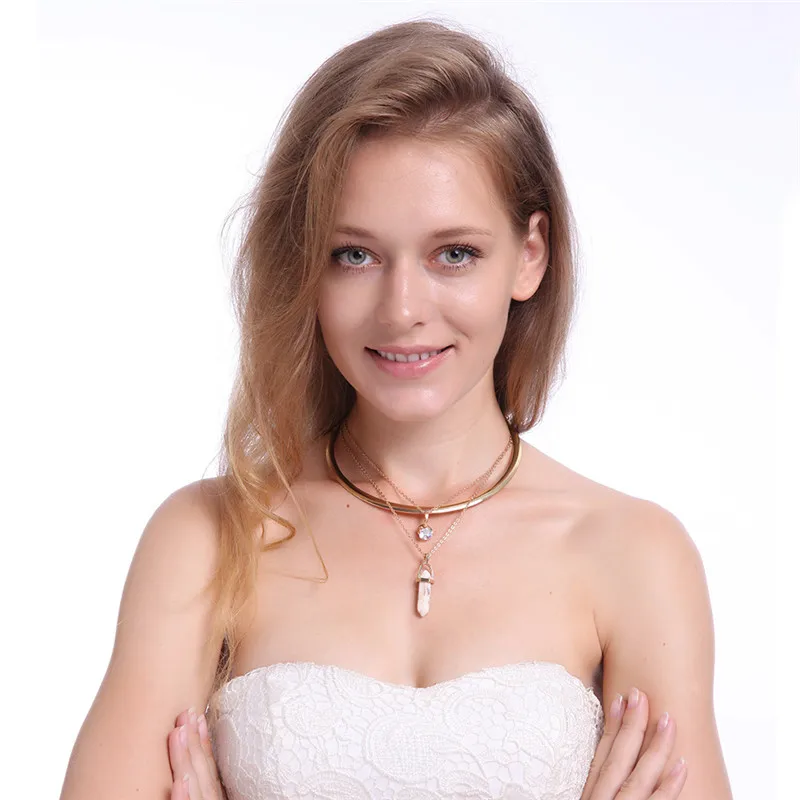 [JIMORE] Fashion Womens Chokers Necklaces Hexagonal Natural Stone Pendant Multilayers Torque Collier Femme Gold Color Chocker | Украшения и