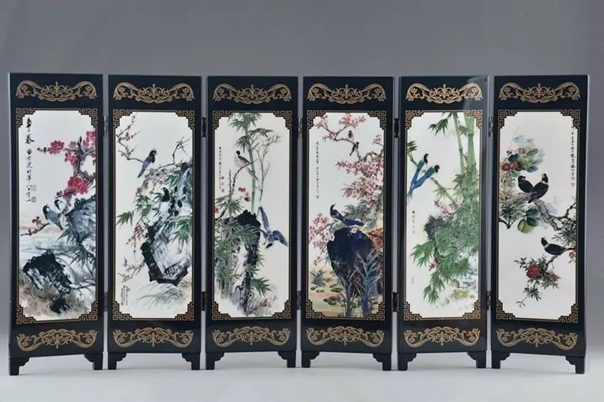 

( Mini ) Exquisite Chinese Classical Lacquerware Painting Birds and Flowers Folding Screen