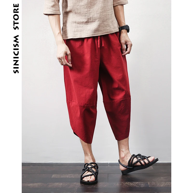 Sinicism Store, хлопковые льняные мужские шаровары, летние мужские повседневные укороченные штаны,, одноцветные мешковатые штаны с большим карманом