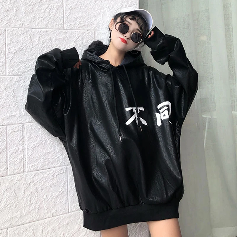 Neploe Harajuku повседневное пальто из искусственной кожи с капюшоном, пуловер с завязками, верхняя одежда, новинка, женская, мужская, черная, BT стильная куртка большого размера 53555