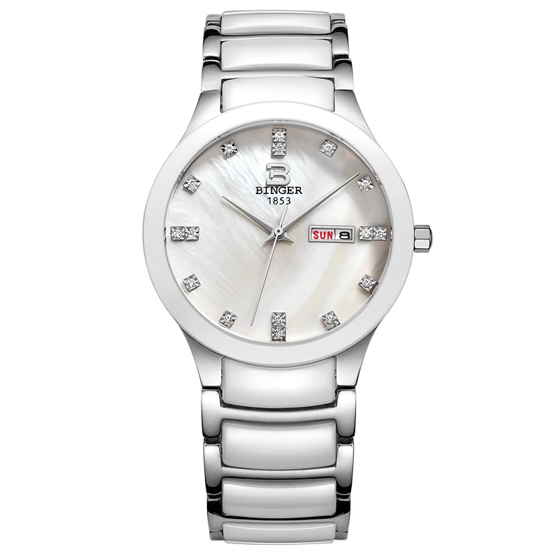 Часы BINGER мужские белые керамические с бриллиантами водонепроницаемые кварцевые