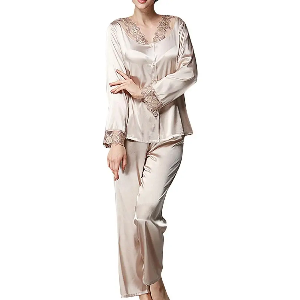 Женский Шелковый Пижамный костюм на пуговицах однотонная атласная кружевная
