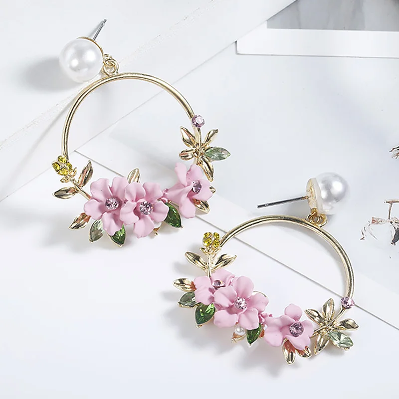 Girls Summer Pink Flower Sweet Earrings Women Korean Style Fashion Drop Earring Simulation Pearl Beach Holiday Jewelry|Серьги-подвески|