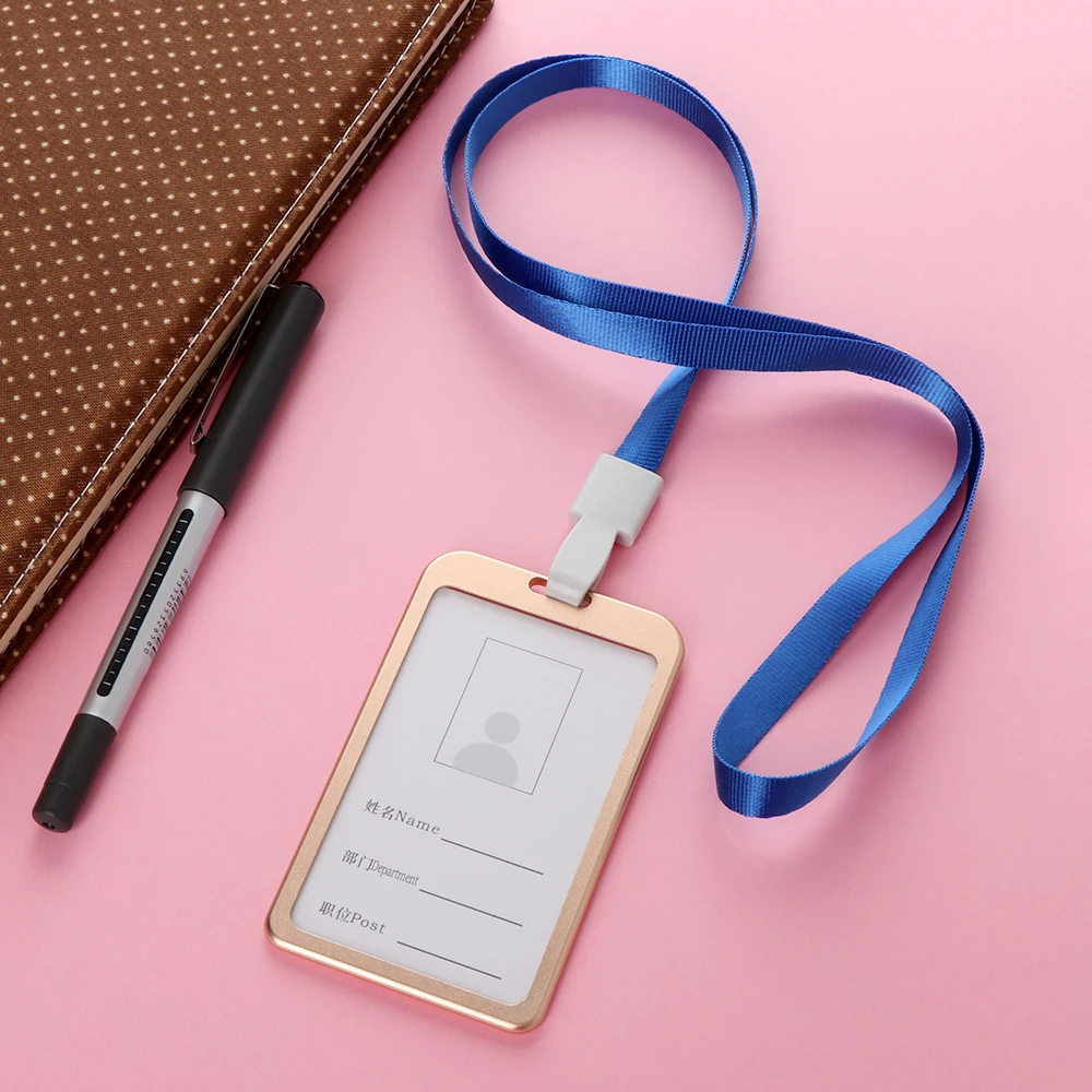 1 PC Aluminum Alloy Business Work Card ID Badge Vertical Metal Card Case Holders with Rope Office School Card Holder