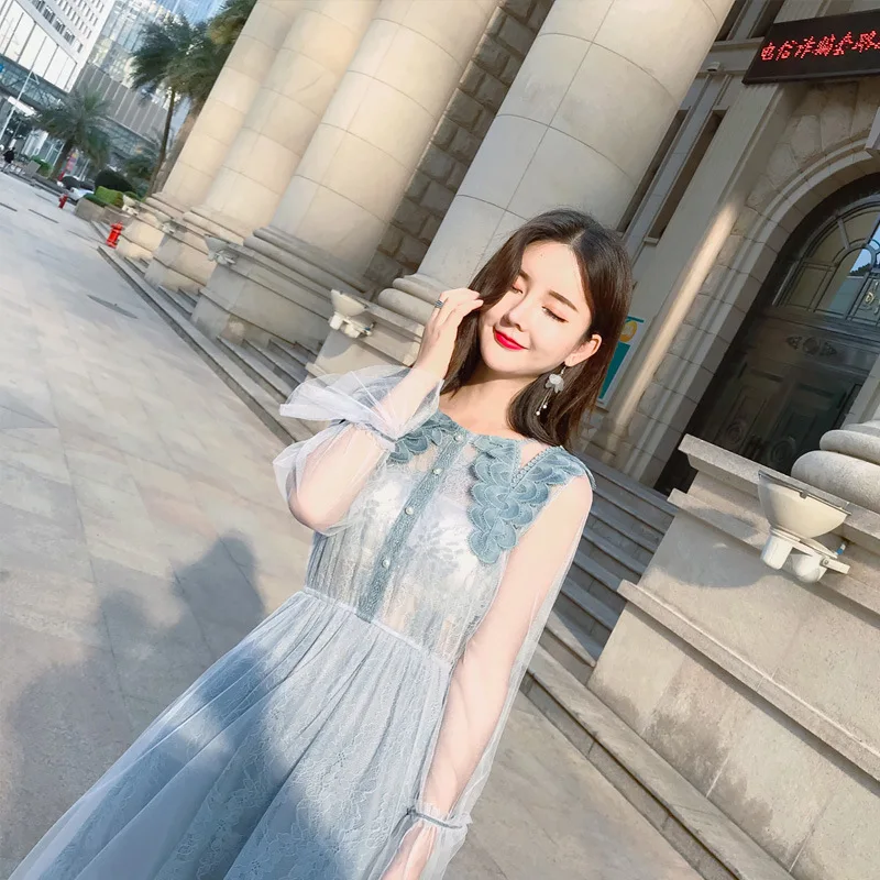 Длинное кружевное платье с кукольным воротником феи нижним платьем на весну