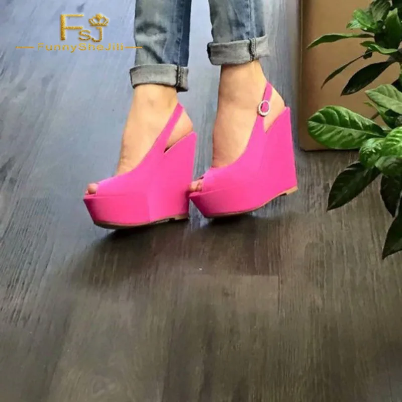 

FSJ Women Shoes Ladies Pumps 2108 Spring Autumn Pink Peep Toe Slingback Wedge Heels Big Size Shoes11 12 13
