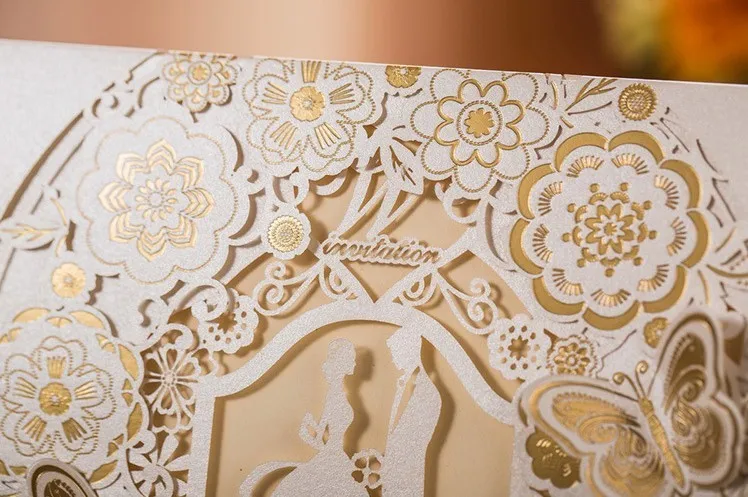 50 шт. свадебные пригласительные открытки Золотой белый лазерный разрез бабочка
